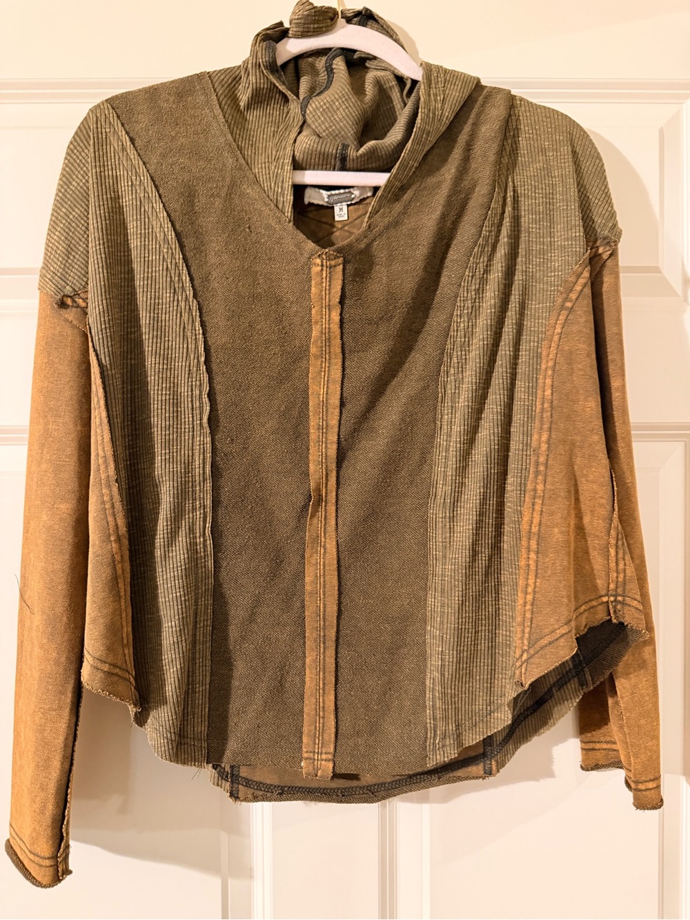 Gimmicks by BKE Olive & Tan Hooded Patchwork top